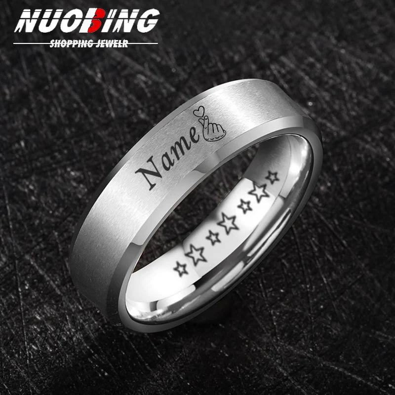8mm ID Name Date Customized Ring for Men and Women Stainless Steel Personalized Engraving and Beveled Edge Design Jewelry