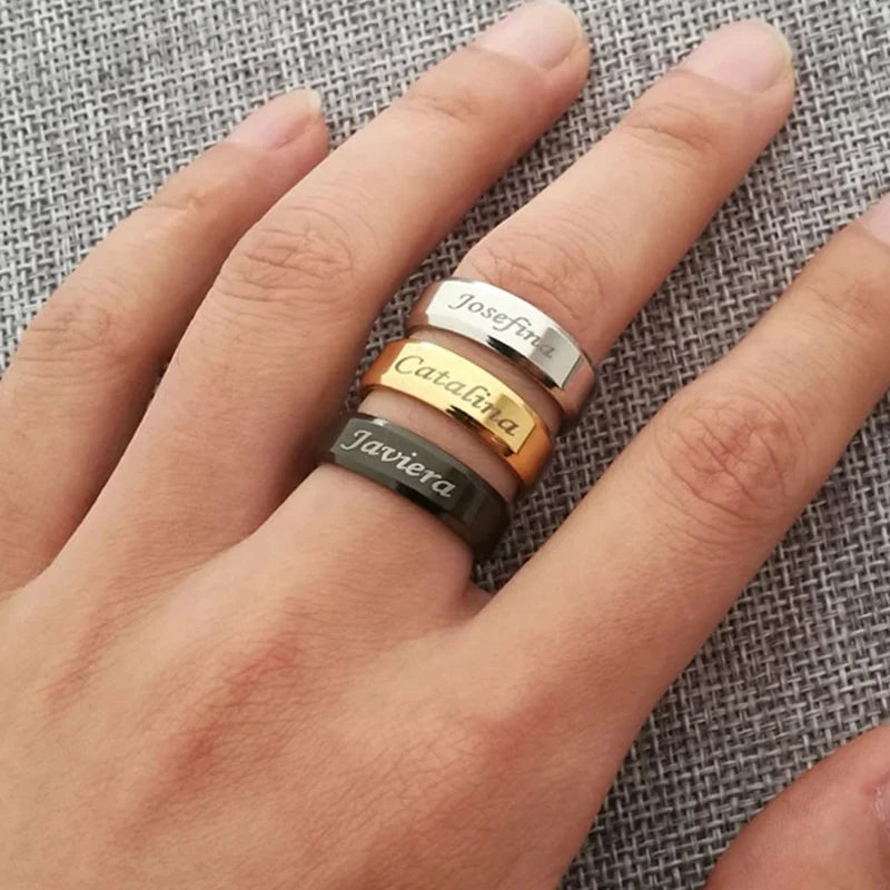 8mm ID Name Date Customized Ring for Men and Women Stainless Steel Personalized Engraving and Beveled Edge Design Jewelry